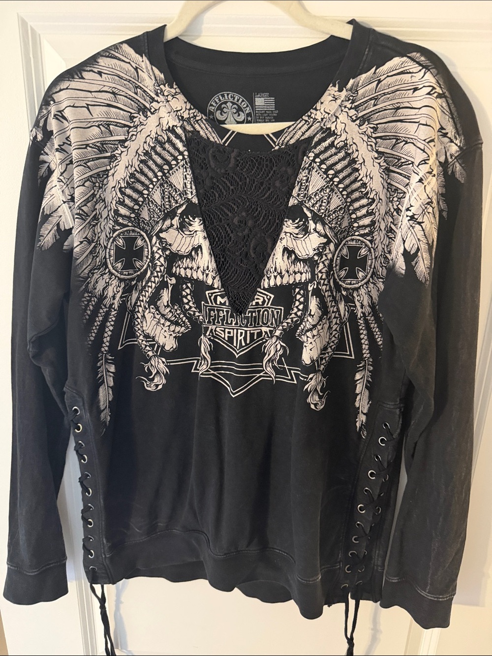 Affliction Black Lace-Up Sweatshirt with White Feathered Skull Graphic